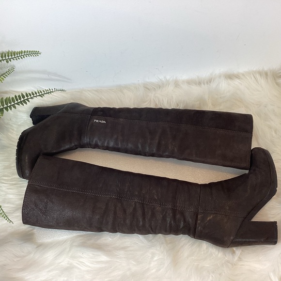 PRADA TALL BOOTS LEATHER CHOCOLATE BROWN BLOCK HEEL SLIGHT SLOUCH SZ 7.5 - Picture 10 of 16